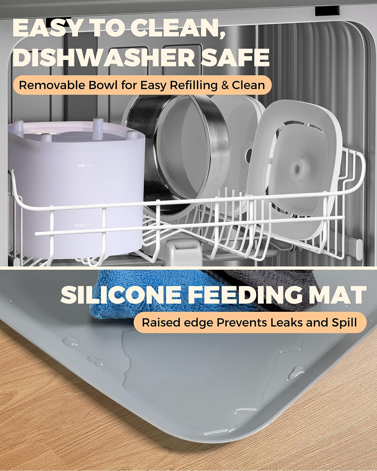 Stainless Steel Cat Water Fountain & Food Bowl Set with No Spill Mat C873650