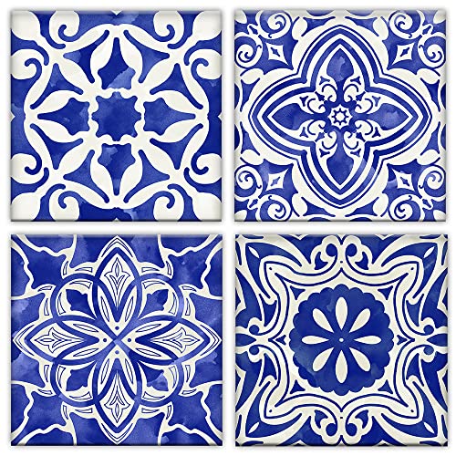 Blue Mosaic Mexican Spanish Tiles Wall Art Canvas Paintings - 4 Panels Ready to Hang Artwork for Walls - Pictures for Living Room Wall Decoration - Great Bathroom Canvas Art Wall Decor (12" x 12")
