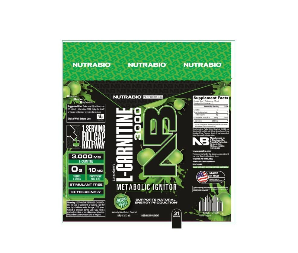 NutraBio L-Carnitine Liquid Shots 3000mg Blue Razz, Vitamin B-5 K659