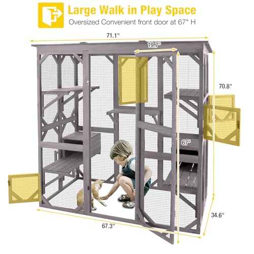 Aivituvin Cat House Outdoor Catio with Large Door, Wooden Cat Cage Indoor Playpen, 70 Inch I919236