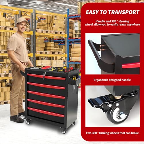 Rolling Tool Chest, Metal Tool Box with 5 Drawers, Lockable Garage Storage Cabinet Q978