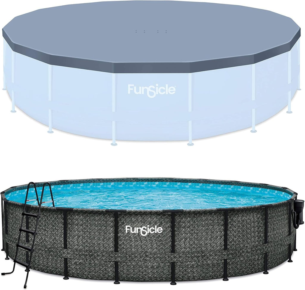 Funsicle 20' x 48" Oasis Round Frame Above Ground Swimming Pool Outdoor Backyard Summer Set with 20' Secure Debris Pool Cover, Dark Herringbone