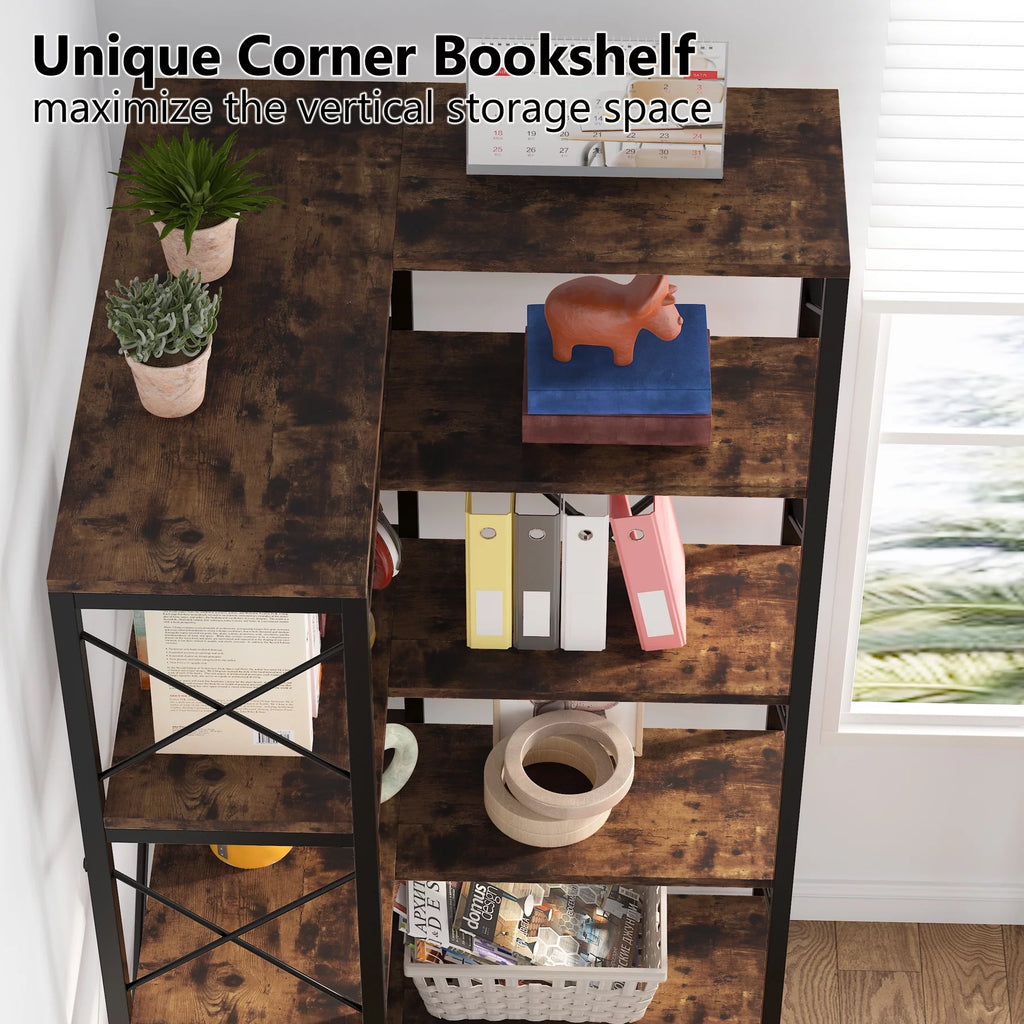 Tribesigns 5-Tier Corner Bookshelf, Tall Open Display Rack, Rustic Brown W18856
