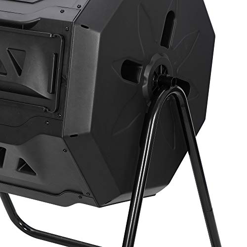 Outdoor Compost Bin Dual Chamber Tumbling 43 Gallon with Steel Frame, Black H3213