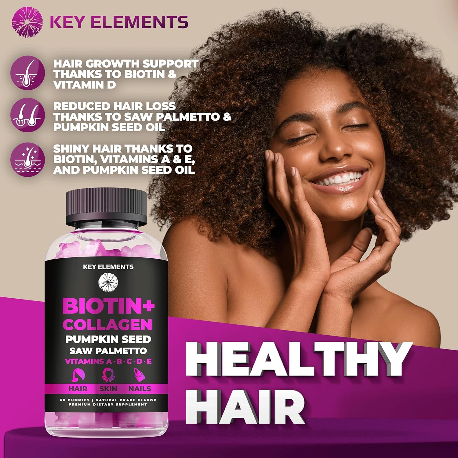 Hair Skin and Nails Biotin & Collagen Gummies with Vitamins A B6 C D E S803622