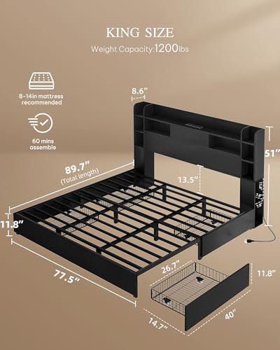YITAHOME Queen Bed Frame with Bookcase Headboard and 4 Storage Drawers, Black L762695