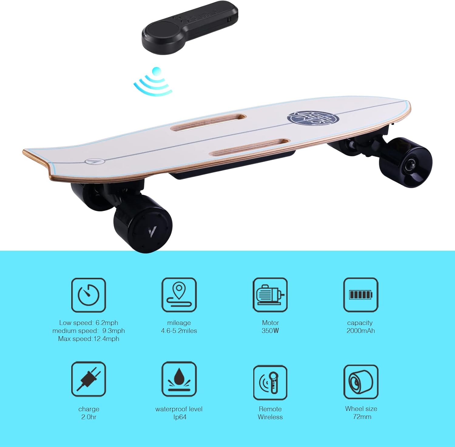 Electric Skateboard Longboard with Remote Control, 350W Hub Motor, 13 MPH O1305