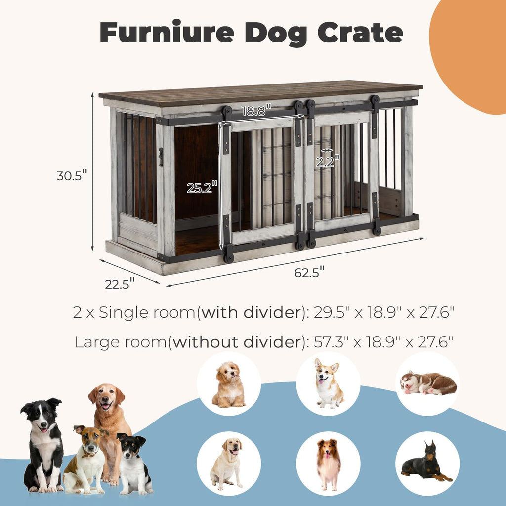 Solid Wood Dog Crate Furniture with Removable Divider, White F729