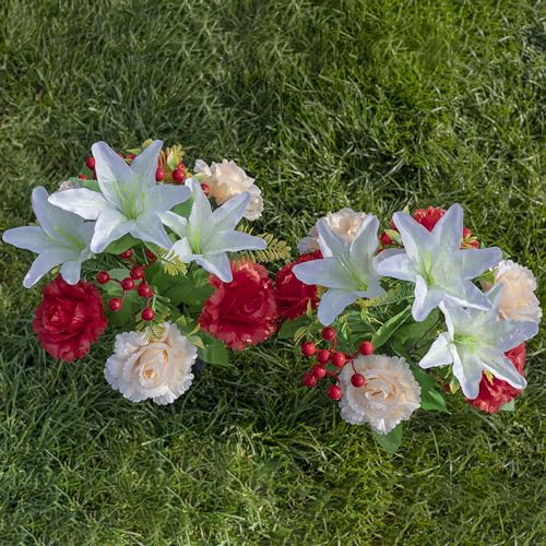 Cemetery Headstone Flower Saddle - Outdoor Grave Decorations, Red+White Silk Rose & Lily O55841