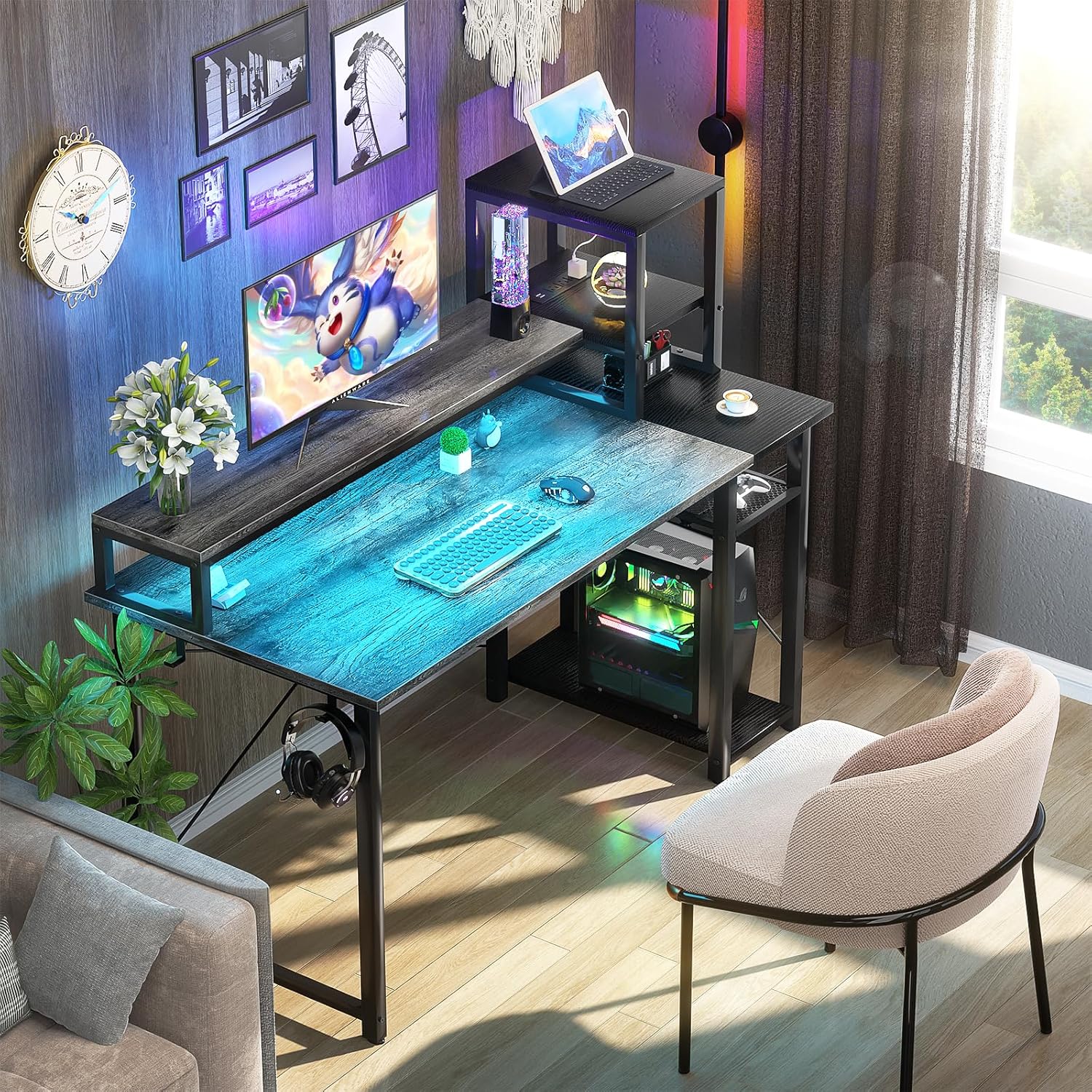 47.2" Gaming Desk with LED and Storage Shelves, Grey E259471