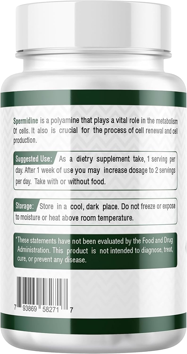Spermidine 3HCL 10mg 120 Capsules - Telomere Health and Aging Support K807983