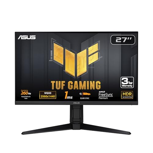 ASUS TUF Gaming 27" 2K HDR Gaming Monitor (VG27AQ) - QHD (2560 x 1440), 165Hz (Supports 144Hz), 1ms, Extreme Low Motion Blur, Speaker, G-SYNC Compatible, VESA Mountable, DisplayPort, HDMI ,Black