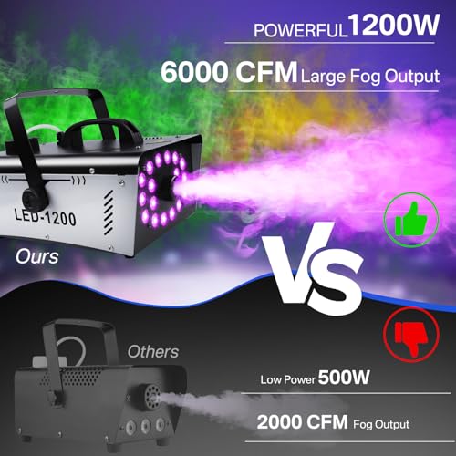1200W Fog Machine with 18 Lights, 6000 CFM, Remote Control for Party Stage Effect Q2921