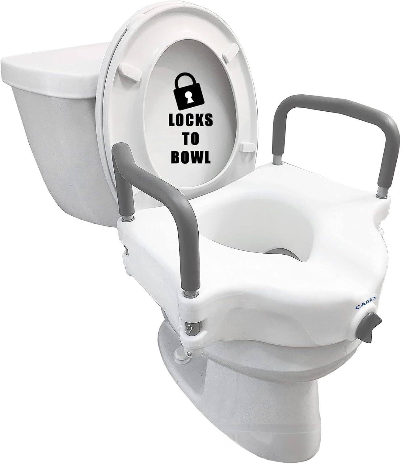 Carex E-Z Lock Raised Toilet Seat with Removable or Adjustable Handles - 4.5 Inch Toilet Seat Riser with Arms - Fits Most Toilets