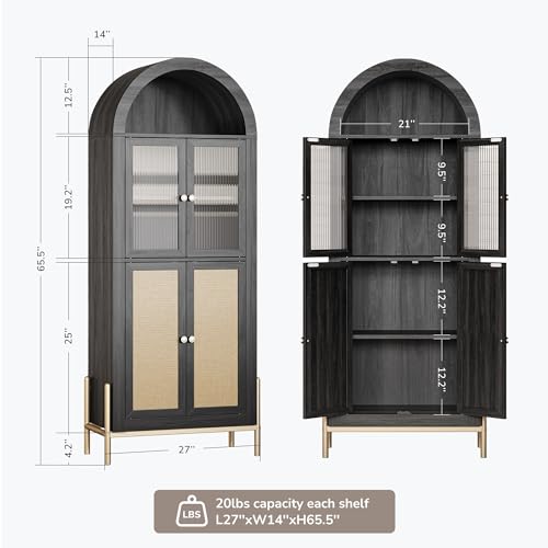 BELLEZE Arched Storage Cabinet with Doors, 65.5 Inches Bookcase, White Lotus W41548