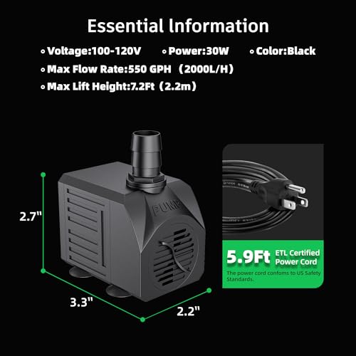Fountain Submersible Water Pump 550 GPH 30W with 3 Nozzles for Aquarium, Fish Tank, Garden W129
