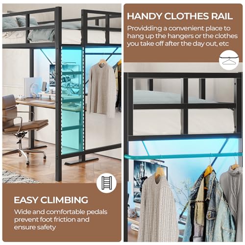 DICTAC Twin Loft Bed with Ladder and Guardrail, LED Lights, White B3802