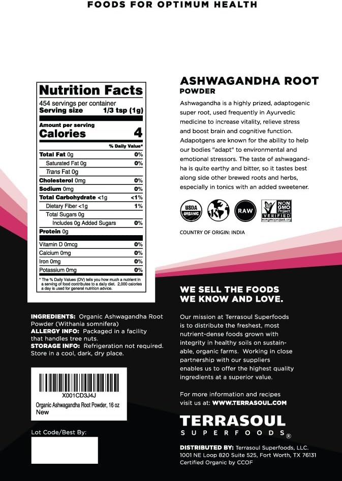 Organic Ashwagandha Root Powder by Terrasoul Superfoods, 6oz P9652