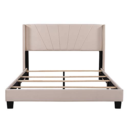 Queen Size Velvet Upholstered Platform Bed with Headboard and Wood Slat Support I749440