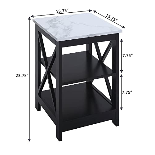 Convenience Concepts Oxford End Table with Storage Shelves, White Faux Marble/Black N969