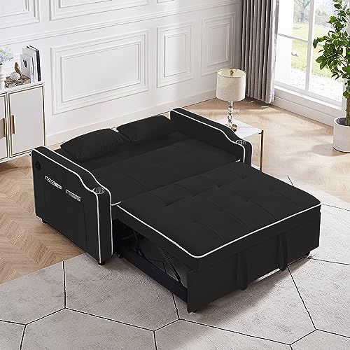 3 in 1 Convertible Sleeper Sofa Chair Bed with Adjustable Backrest, USB Ports, Cup Holder, Black L77626