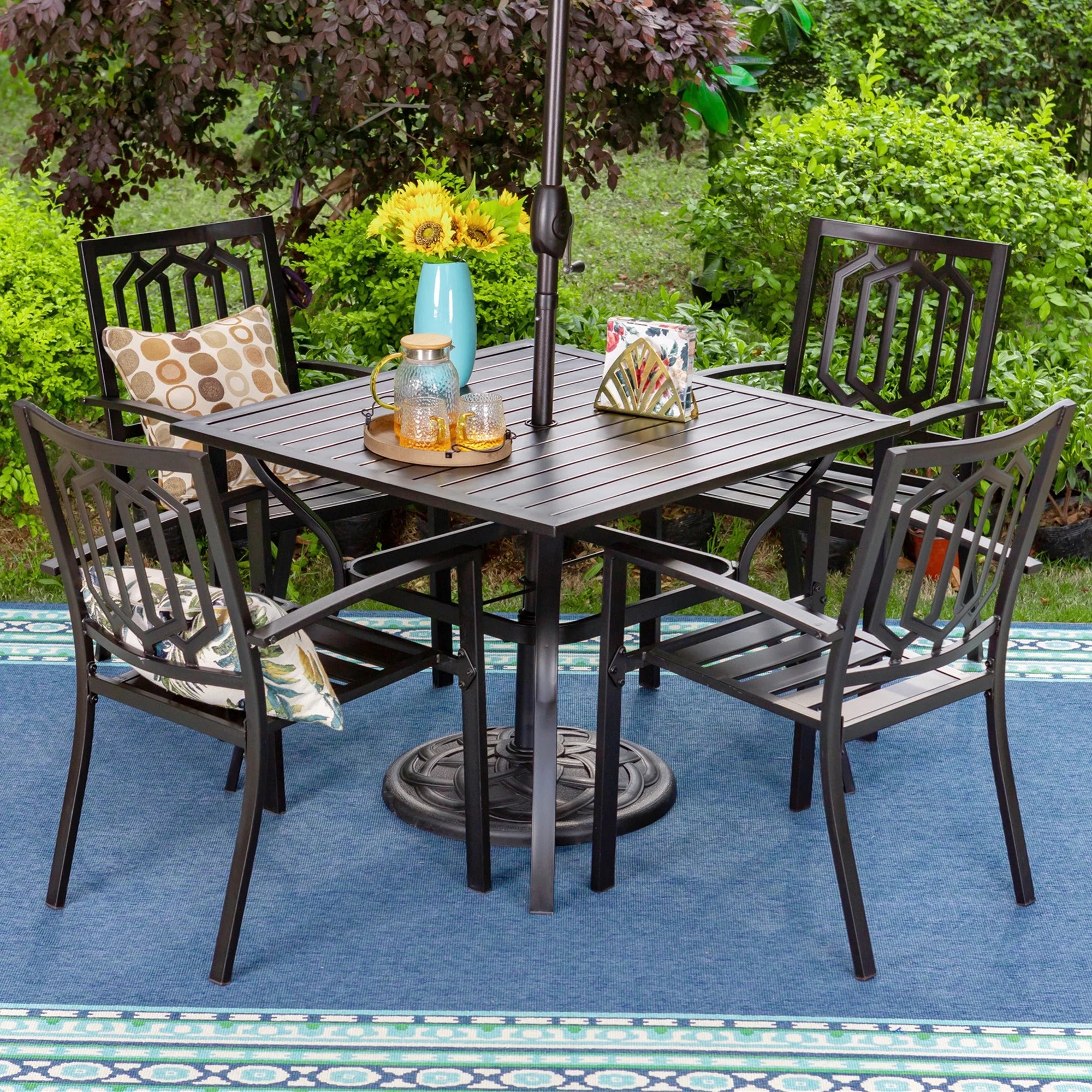 MF Studio 6-Piece Outdoor Patio Set with 10 FT Umbrella, Stacking Chairs & Square Dining Table D49515