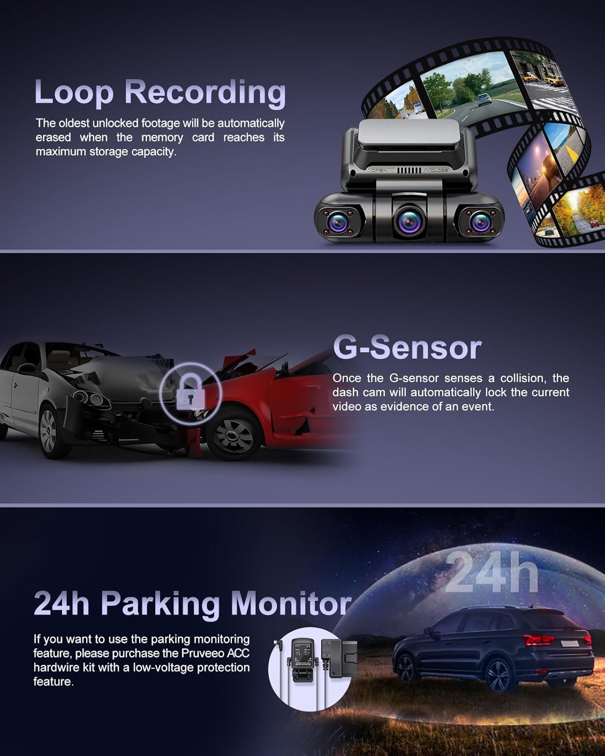PRUVEEO Dash Cam 4 Channel Front Rear Inside Left Right, Built-in GPS WiFi, 128GB Card M4091