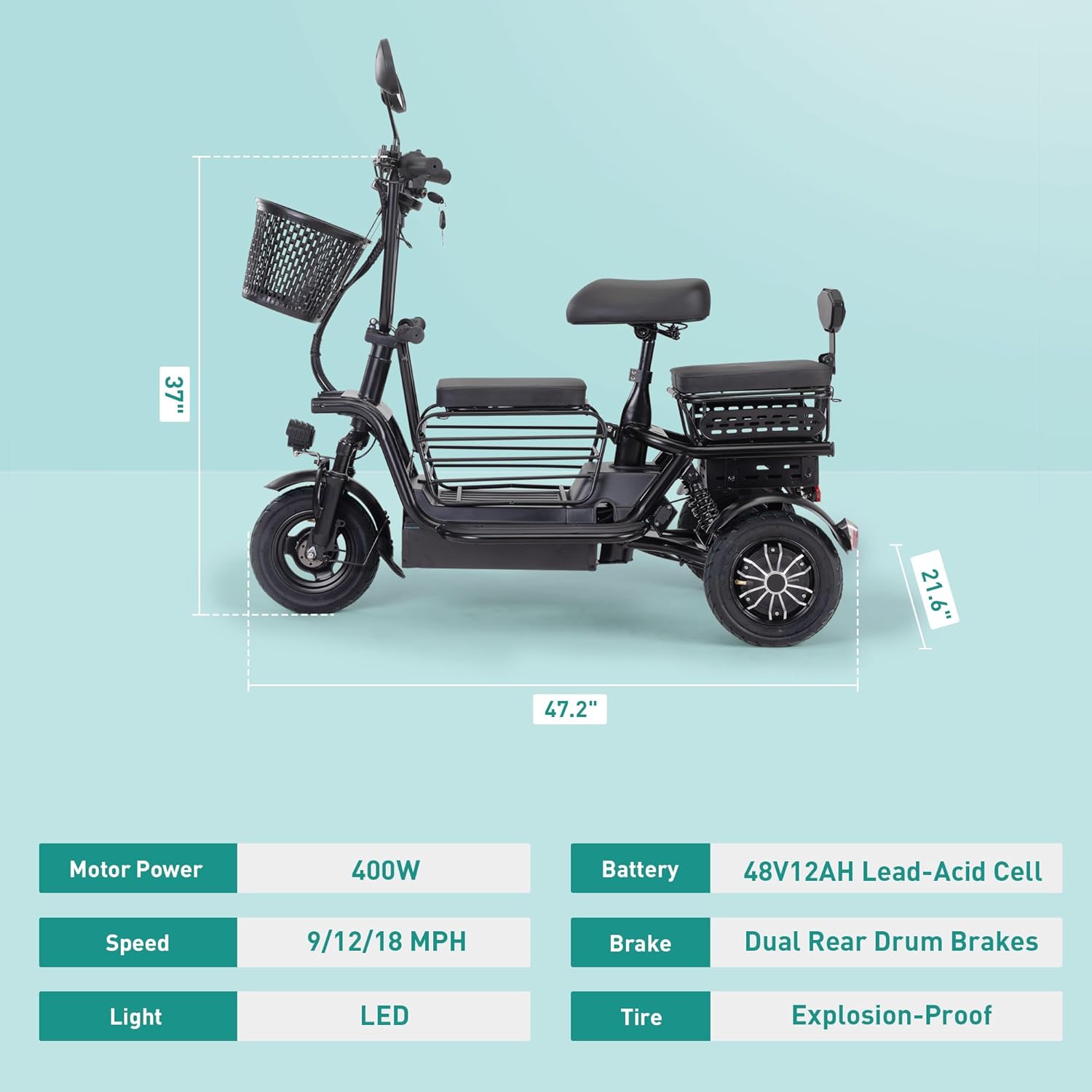 Foldable Electric Tricycle for Adults with 3 Seats, 48V 400W, Black N832848