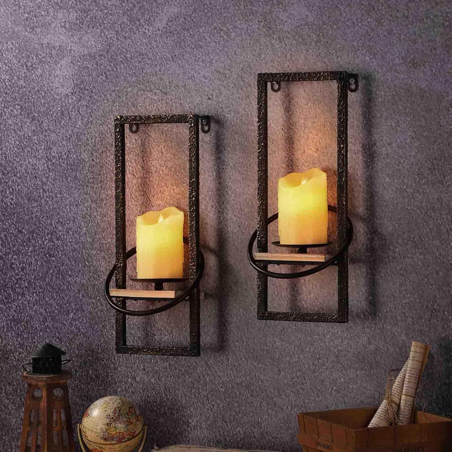 GAKA Wall Sconce Candle Holder (Set of 2)/Wall-Mount Metal Candle Holders/Iron Wood Candle Holders/Hanging Iron Hanging Wall holders Decorative(Black)