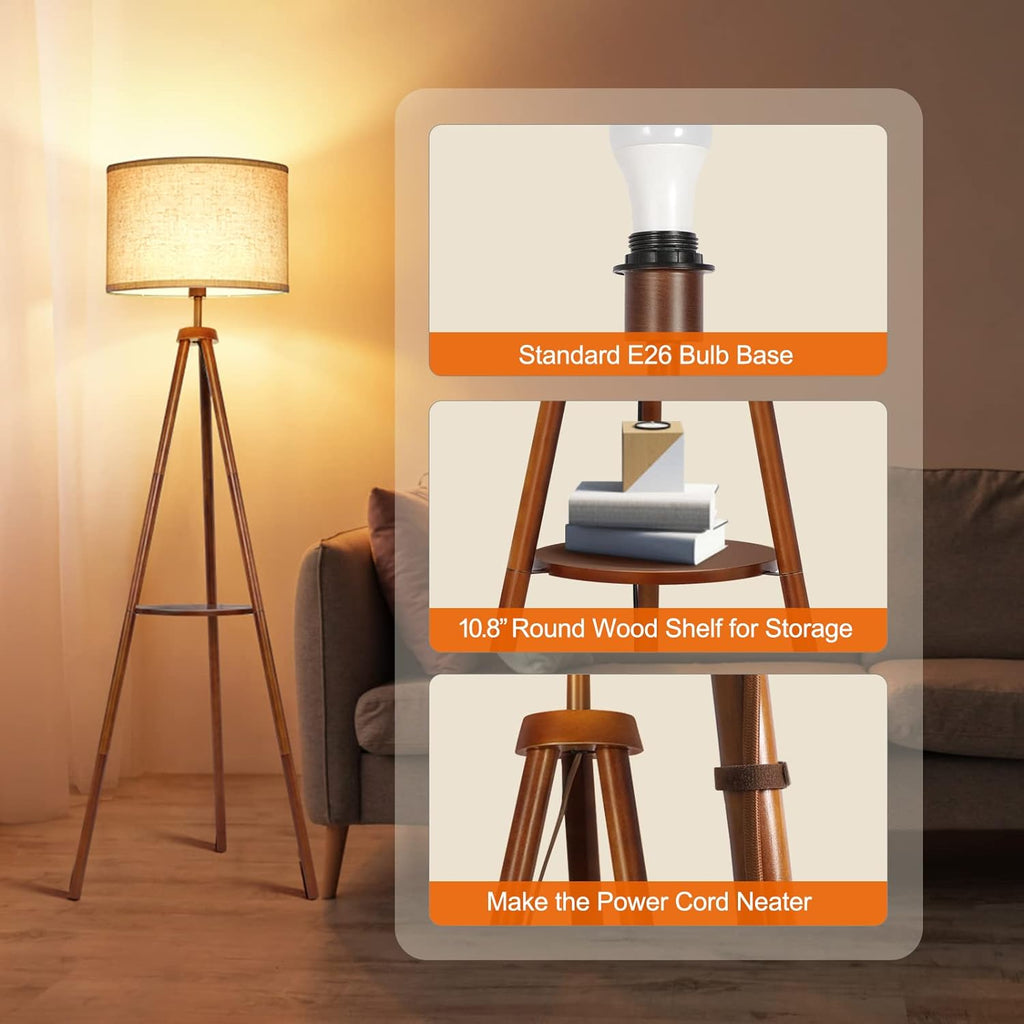 OUTON Wood Tripod Floor Lamp with Shelves, Dimmable LED, Remote Control D46512