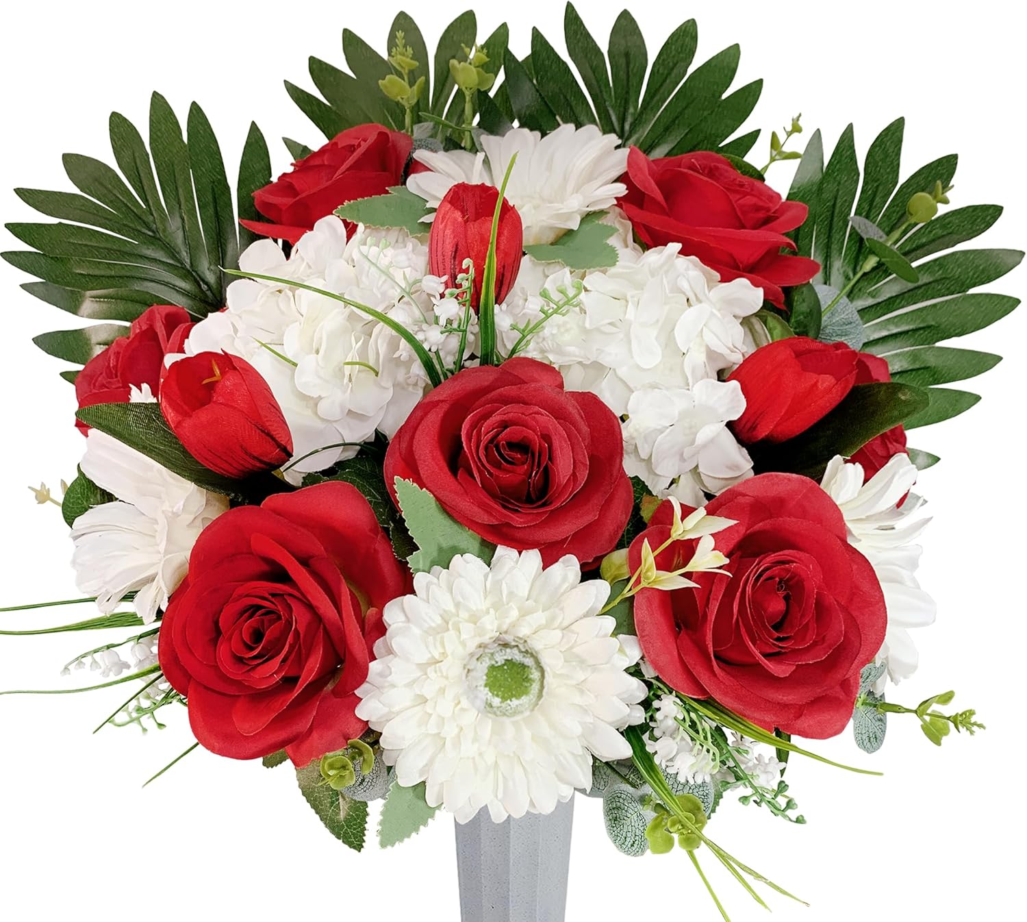 HENOMO Cemetery Flower with Grave Vase,Vibrant Rose Mum and Hydrangea Mix Bouquet for Headstone,None-Bleed Color,Easy Fit