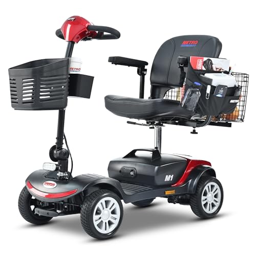 Mobility Scooters, Folding 4 Wheel Electric Mobility Scooter with Storage Box, Rear Basket and Satchel, Outdoor Compact Travel Mobility Scooter for Seniors Adults (Red)