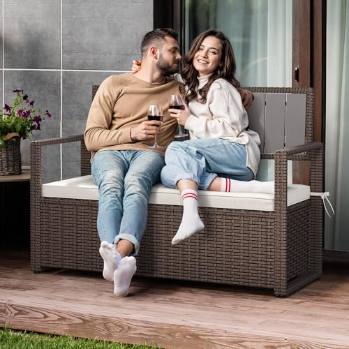 YITAHOME 90 Gallon Outdoor Wicker Storage Bench with Cushion, Black & Beige K940826