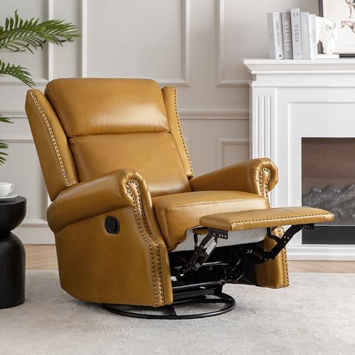 HULALA HOME Genuine Leather Swivel Rocker Recliner, Manual Glider Recliner Chair with Footrest and Lumbar Support, Pushback Recliner with Nailhead Trim and Metal Base(Saddle)