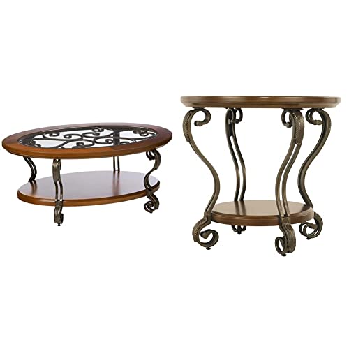 Signature Design by Ashley Nestor Traditional Oval Coffee Table with Beveled Glass Top, Scrollwork Underlay and 1 Fixed Shelf, Dark Brown