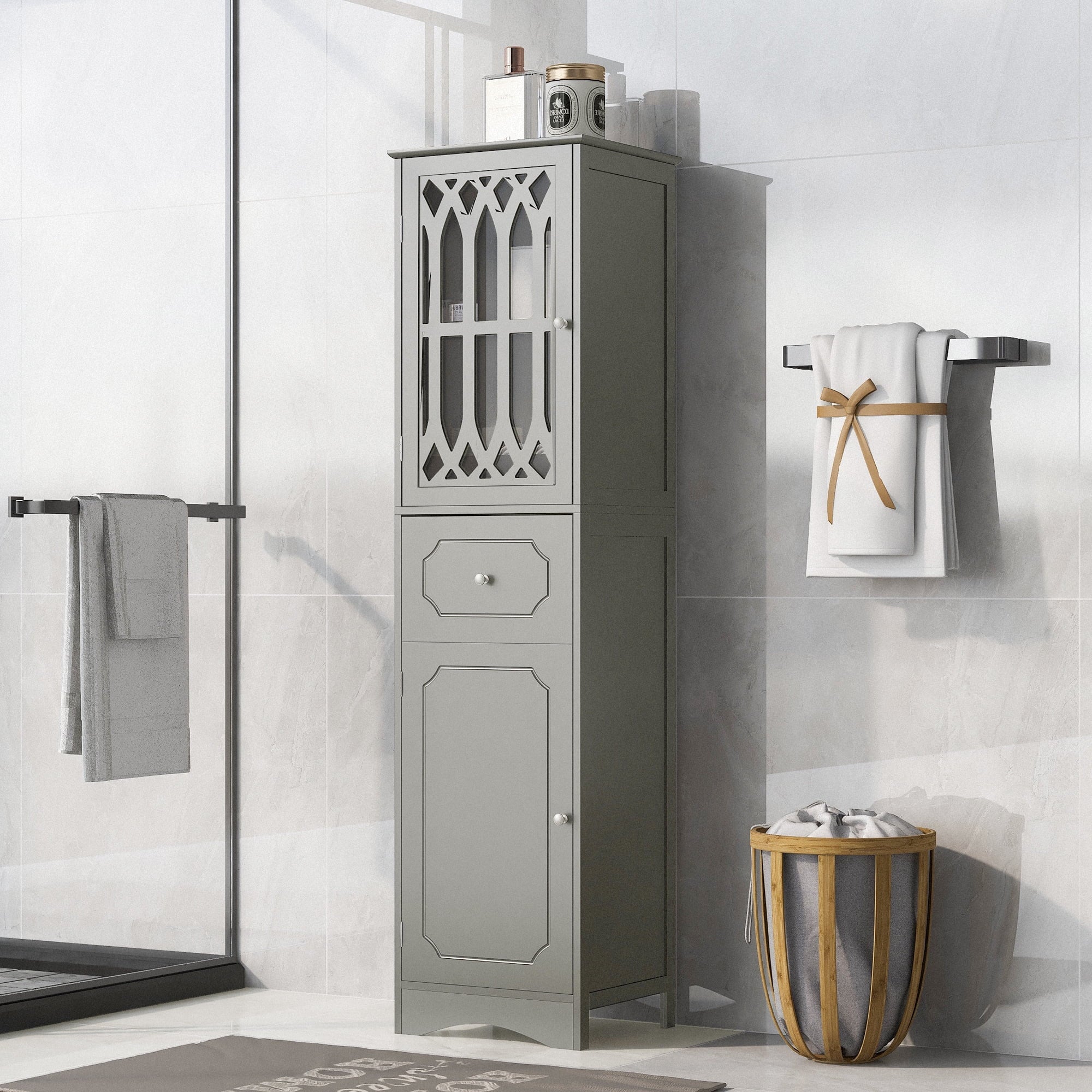 Modern Tall Bathroom Storage Cabinet with Doors and Drawers V259093