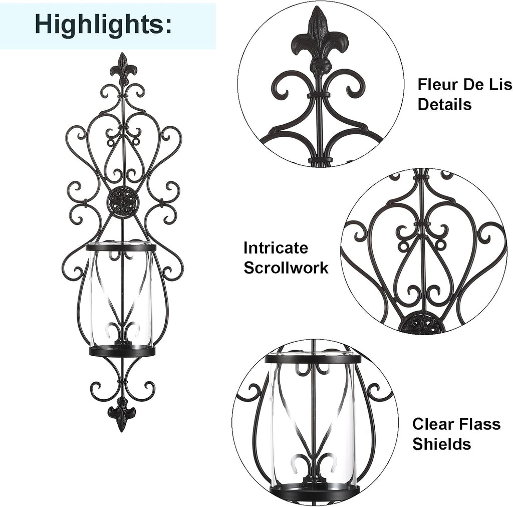Antique Dark Brown Iron Glass Candle Wall Sconces Set of 2, 24" H V75786