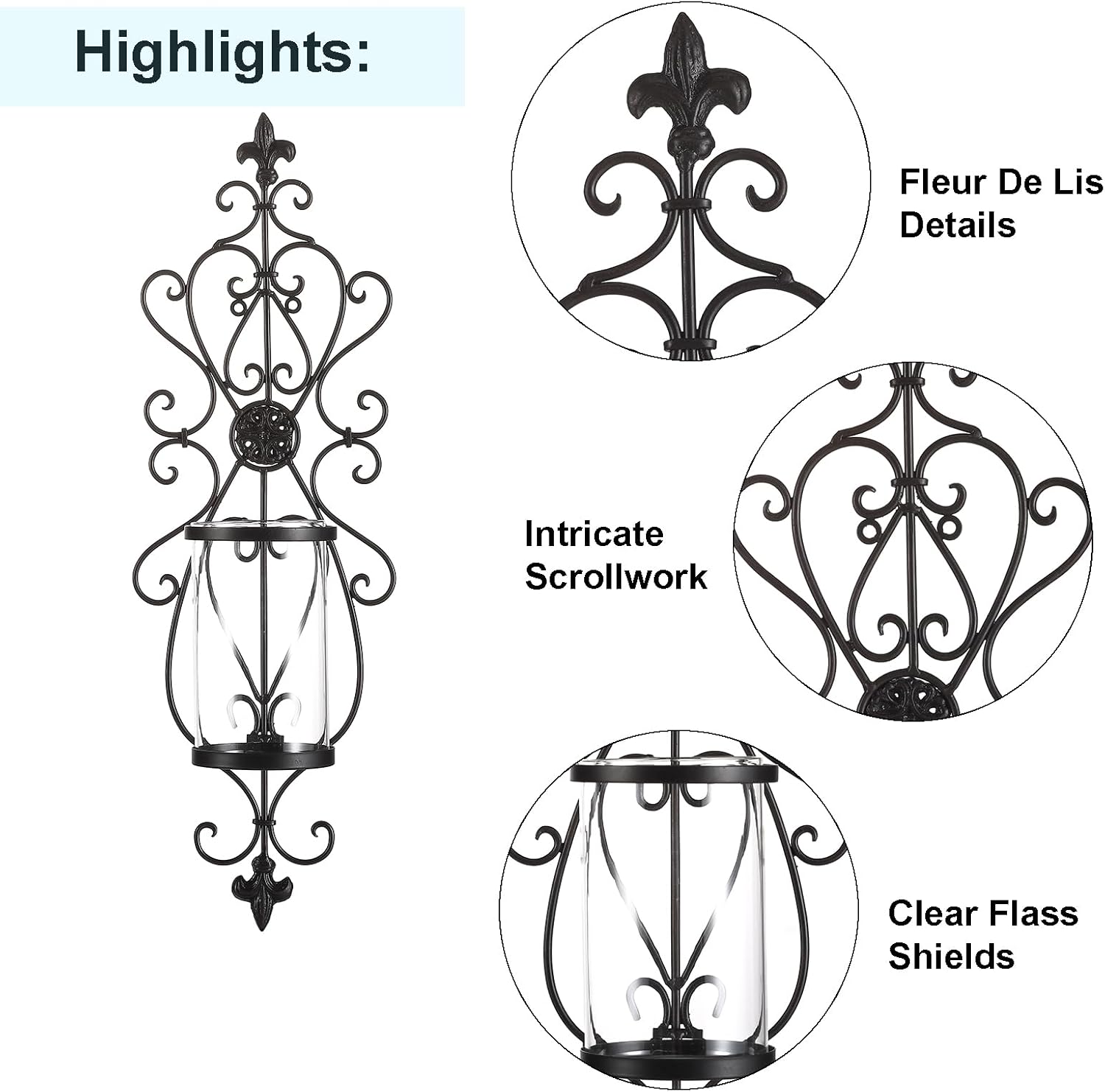 Antique Dark Brown Iron Glass Candle Wall Sconces Set of 2, 24" H V75786