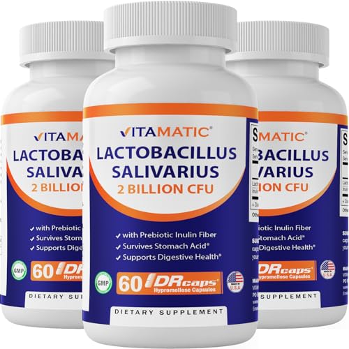 Vitamatic Lactobacillus Salivarius 2 Billion per DR Capsule - 60 Count - Digestive Support - Made with Prebiotic Inulin Fiber (1 Bottle)