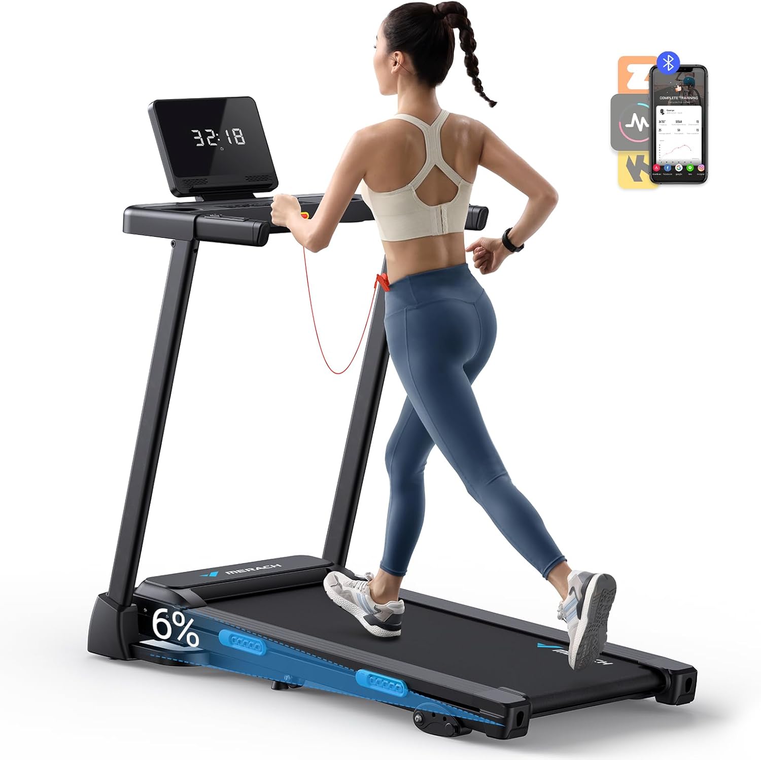 MERACH Foldable Treadmill with Incline 6％, 2 in 1 Treadmill for Home with Max 7.5MPH 40dB, Incline Treadmill Walking Pad with 265Lbs Capacity, Handle bar, Heart Rate Monitoring, APP, LED Display