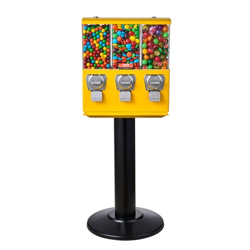 VEVOR Commercial Vending Machine, Triple Compartment Candy Dispenser with Iron Stand, Gumball and Candy Machine for Business, Coin Operated Gumball Bank for Toy Capsules Bouncy Balls Candy Nut, Yellow