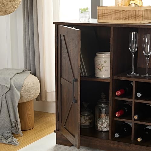 Farmhouse Coffee Bar Cabinet with Wine Rack Barn Door Buffet Sideboard, Gray Wash Y9318