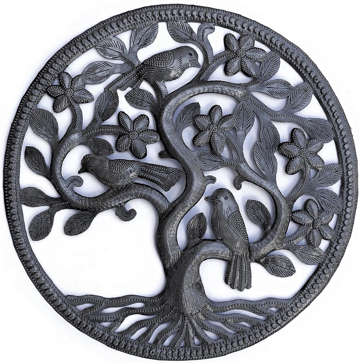 It's Cactus Small Metal Tree of Life, Home Decor, Garden Chirping Birds Handmade Art, Haitian Sculptures, 13 Inches Round