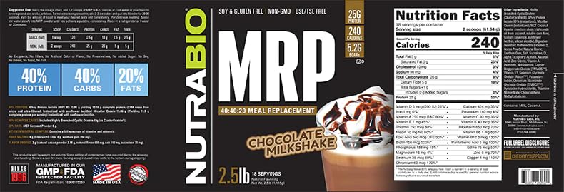 NutraBio MRP Complete Meal Replacement Protein Powder, Chocolate, 2.5lbs B314454