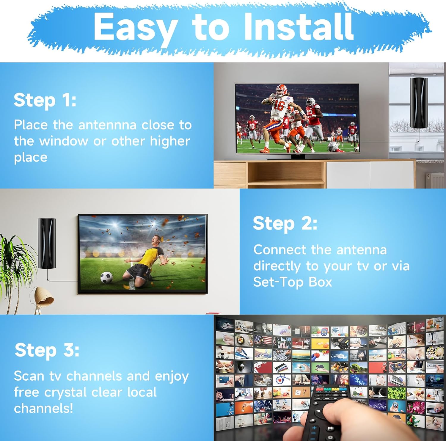 Digital TV Antenna Indoor 4K 1080p with Amplifier and Coaxial Cable F643