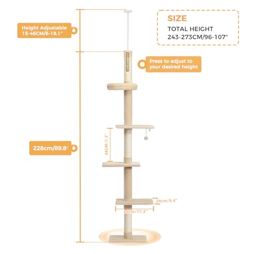 PETEPELA Cat Tower 5-Tier Adjustable Floor to Ceiling Cat Tree Grey G6821