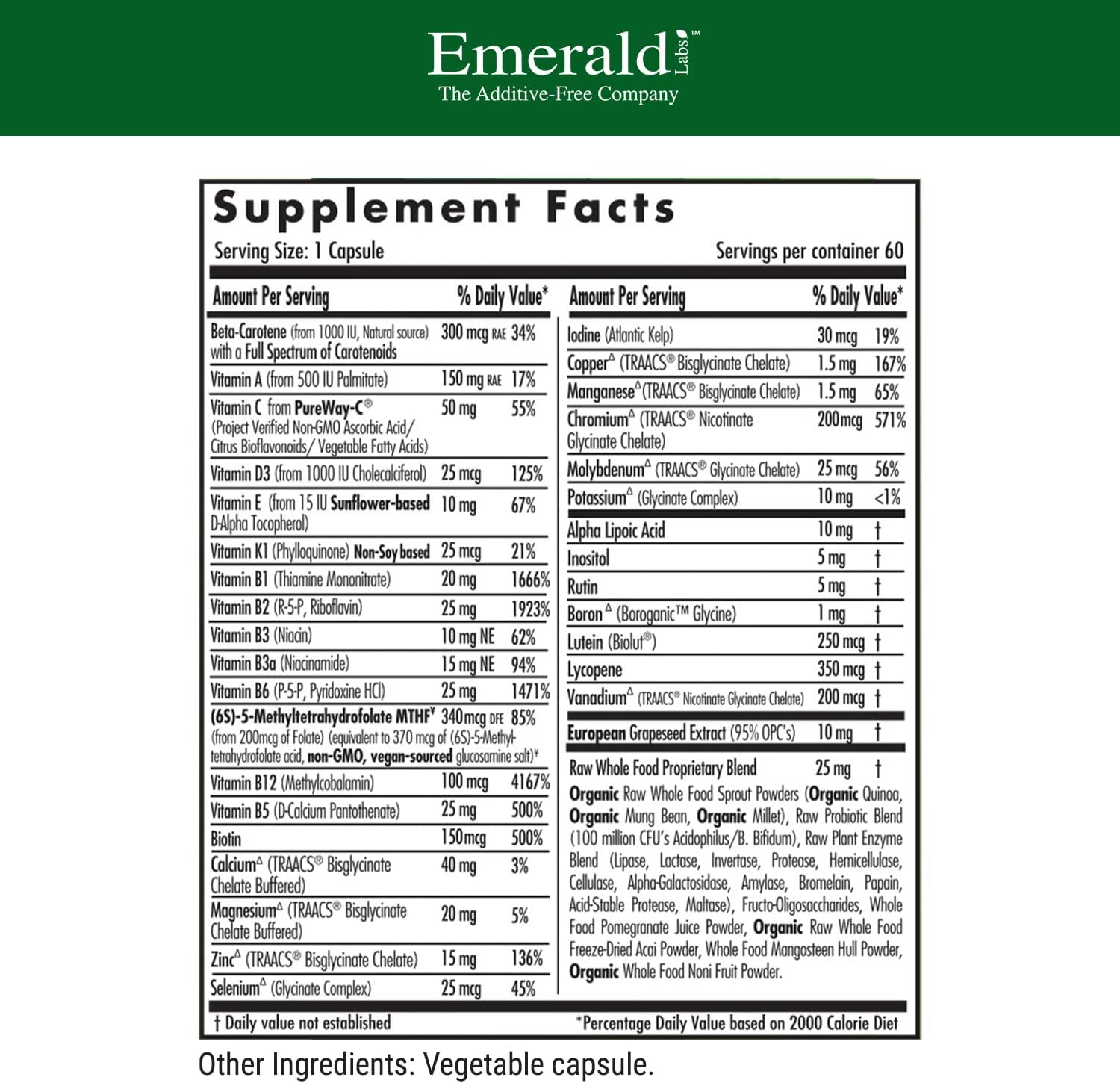 EMERALD LABS Women's & Men's 1-Daily Multi 60 Capsules Multivitamin Q6743