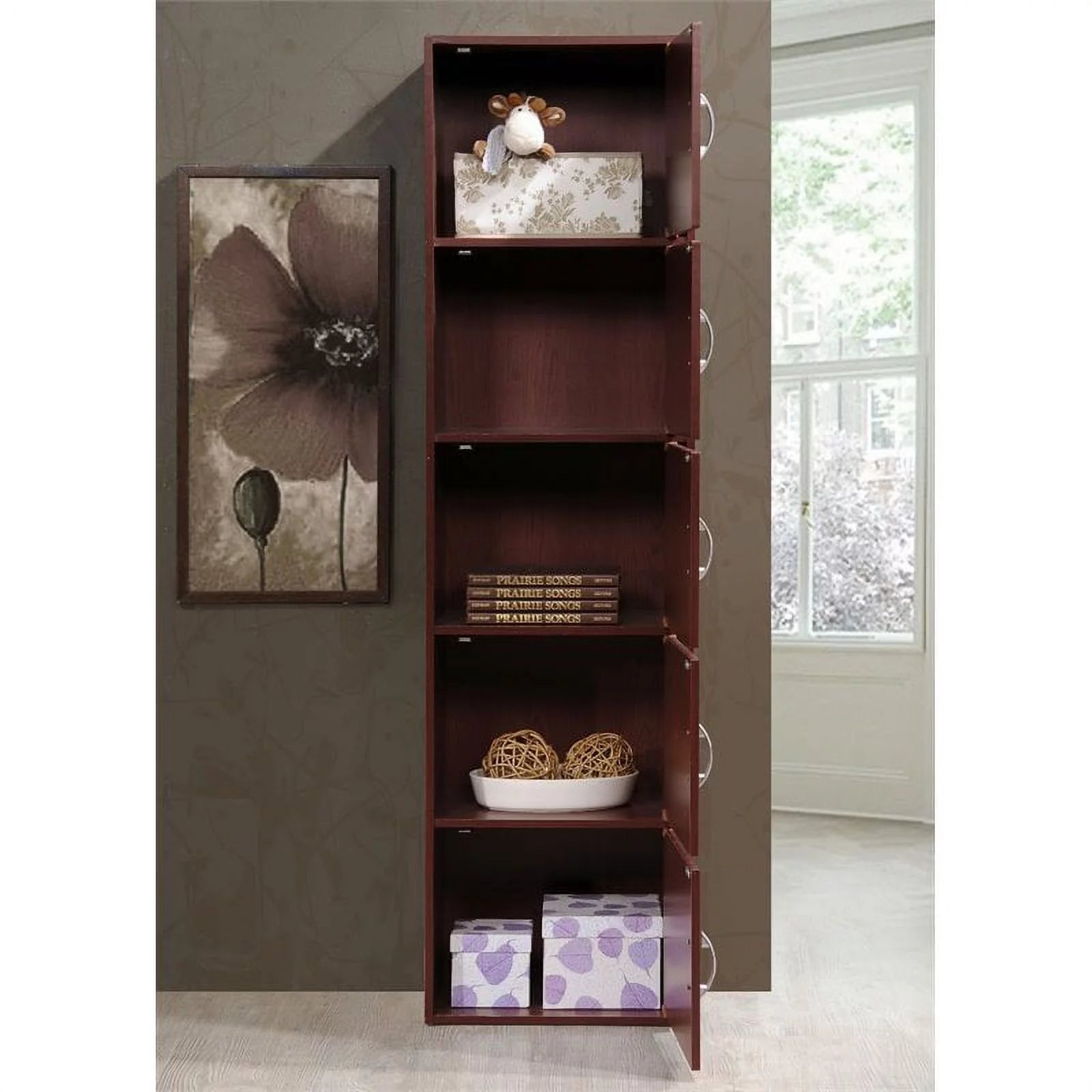 Pemberly Row Wood Bookcase with 5 Door and 5 Shelf, Mahogany W7313