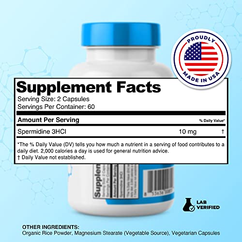 Spermidine Capsules Gluten Free 99% Concentration for Anti-Aging DNA Telomere Support I3386