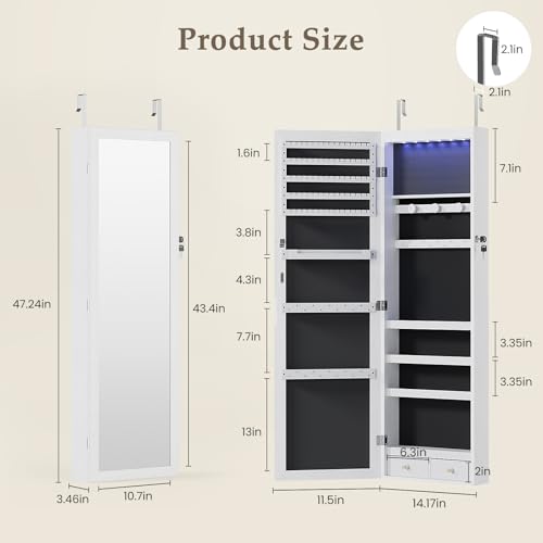 DUMOS 6 LEDs Mirror Jewelry Cabinet, Wall or Door Mounted, White B1338